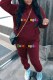 Burgundy Casual Print Letter Hooded Collar Long Sleeve Two Pieces