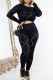 Black Casual Solid See-through O Neck Long Sleeve Two Pieces