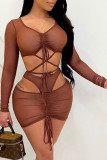 Pink Sexy Solid Hollowed Out Draw String See-through Mesh V Neck Long Sleeve Two Pieces