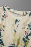 Apricot Sexy Casual Print Hollowed Out O Neck Long Sleeve Two Pieces