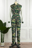 Army Green Casual Camouflage Print Patchwork Long Sleeve Two Pieces