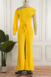 Red Casual Solid Patchwork One Shoulder Boot Cut Jumpsuits