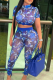Blue Sexy Print See-through Half A Turtleneck Short Sleeve Two Pieces