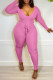 Pink Casual Solid Patchwork V Neck Skinny Jumpsuits
