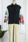 Black Street Print Patchwork Turndown Collar Tops
