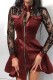 Burgundy Casual Patchwork Basic Mandarin Collar Long Sleeve Dresses
