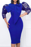 Deep Blue Elegant Print Patchwork With Bow O Neck One Step Skirt Dresses