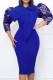 Deep Blue Elegant Print Patchwork With Bow O Neck One Step Skirt Dresses