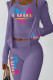 Purple Casual Print Patchwork Hooded Collar Long Sleeve Three Pieces