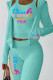 Cyanine Casual Print Patchwork Hooded Collar Long Sleeve Three Pieces