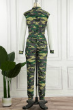 Army Green Casual Camouflage Print Patchwork Long Sleeve Two Pieces