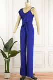 Blue Sexy Casual Solid Patchwork Backless V Neck Regular Jumpsuits
