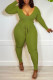 Green Yellow Casual Solid Patchwork V Neck Skinny Jumpsuits