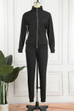 Black Casual Sportswear Solid Patchwork Zipper Collar Long Sleeve Two Pieces