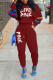 Burgundy Casual Print Patchwork O Neck Long Sleeve Two Pieces