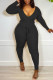 Black Casual Solid Patchwork V Neck Skinny Jumpsuits
