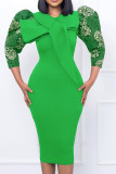 Green Elegant Print Patchwork With Bow O Neck One Step Skirt Dresses