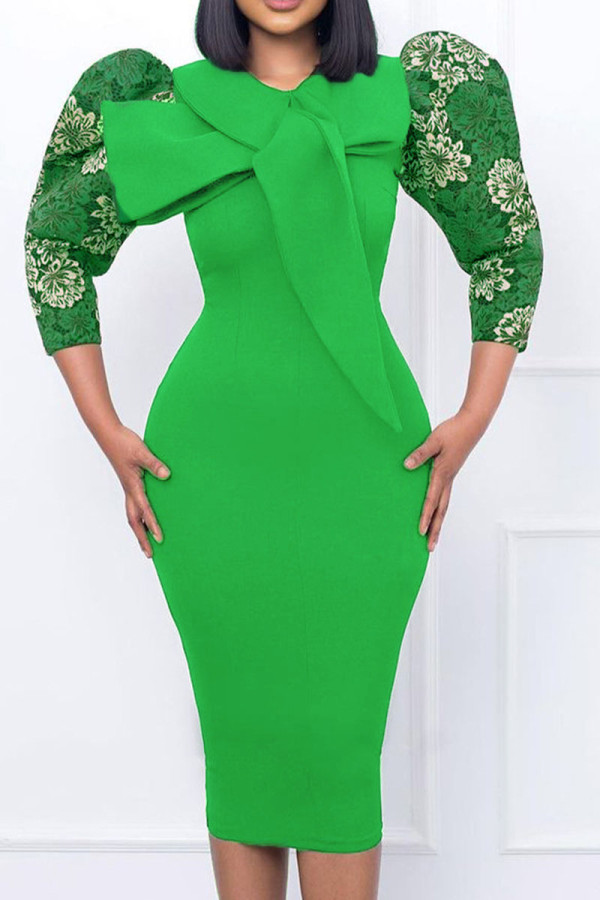 Green Elegant Print Patchwork With Bow O Neck One Step Skirt Dresses