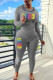 Grey Casual Print Patchwork Hooded Collar Long Sleeve Two Pieces