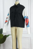 Black Street Print Patchwork Turndown Collar Tops