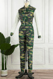 Army Green Casual Camouflage Print Patchwork Long Sleeve Two Pieces