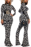 Black Fashion Casual Print Basic Turtleneck Long Sleeve Two Pieces（Without Belt）