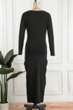 Blue Casual Solid Patchwork V Neck Long Sleeve Dresses