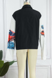 Black Street Print Patchwork Turndown Collar Tops