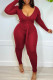 Burgundy Casual Solid Patchwork V Neck Skinny Jumpsuits