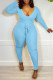 Sky Blue Casual Solid Patchwork V Neck Skinny Jumpsuits