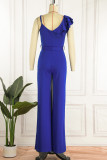 Blue Sexy Casual Solid Patchwork Backless V Neck Regular Jumpsuits