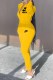 Yellow Casual Print Letter Zipper Collar Jumpsuits