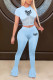 Light Blue Sexy Casual Letter Print Patchwork See-through O Neck Short Sleeve Two Pieces