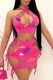 Rose Red Sexy Print Patchwork Halter Sleeveless Two Pieces