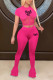 Rose Red Sexy Casual Letter Print Patchwork See-through O Neck Short Sleeve Two Pieces