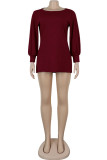 Wine Red adult Sexy Fashion lantern sleeve Long Sleeves O neck Pencil Dress Mini Solid Patchwork