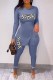 Blue Casual Print Slit Letter O Neck Long Sleeve Two Pieces