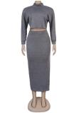 Grey adult Sexy Fashion crop top Patchwork Two Piece Suits Split Solid Hip skirt Long Sleeve