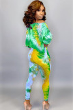 Green adult Sexy Fashion Print Two Piece Suits Tie Dye pencil Long Sleeve Two-piece Pants Set