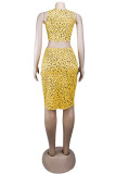 Yellow adult Sweet Fashion Two Piece Suits Print Patchwork A-line skirt Sleeveless