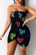Black Fashion Sexy Letter Print Backless Strapless Sleeveless Dress
