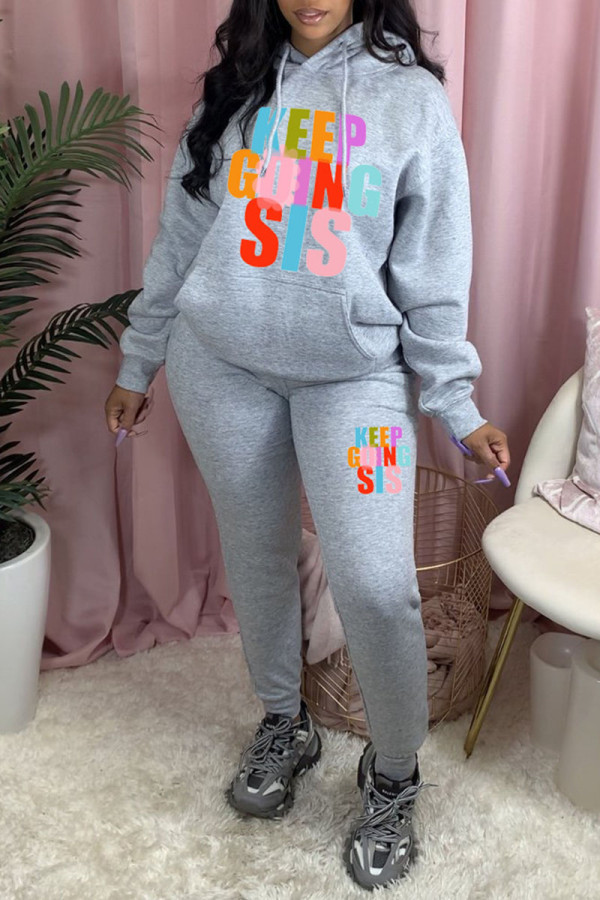 Grey Casual Print Patchwork Hooded Collar Long Sleeve Two Pieces