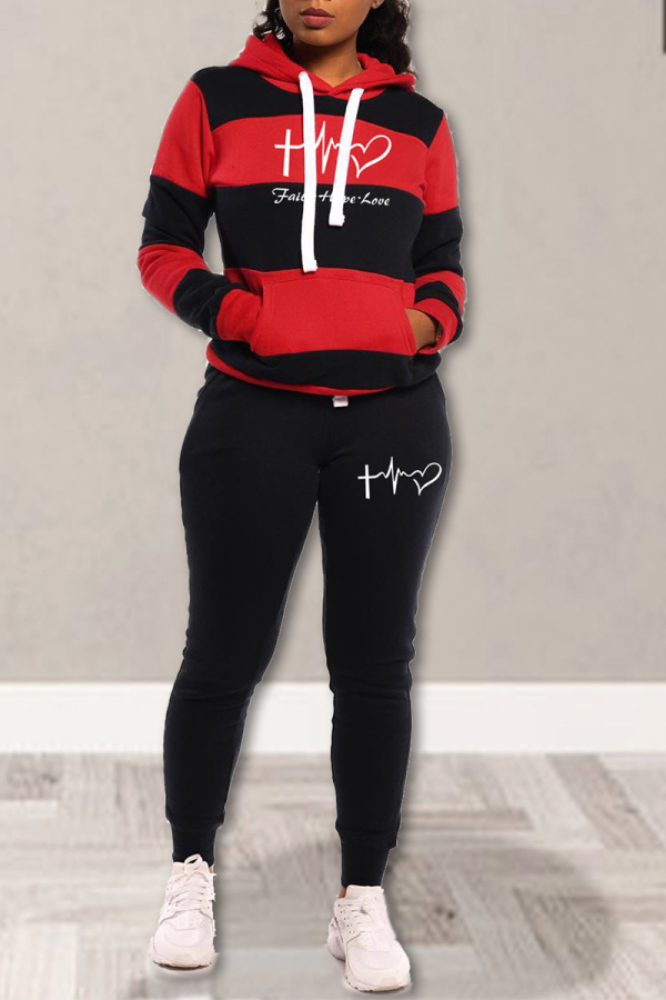 Red Street Striped Draw String Hooded Collar Long Sleeve Two Pieces