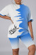 Blue Fashion Casual Letter Print Basic O Neck Short Sleeve Two Pieces