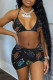 Black Sexy Letter Print Backless Halter Sleeveless Two Pieces Swimwear