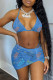 Light Blue Sexy Letter Print Backless Halter Sleeveless Two Pieces Swimwear