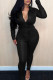 Black Street Solid Bandage Patchwork Zipper Turndown Collar Skinny Jumpsuits