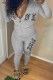 Grey Casual Print Letter Hooded Collar Long Sleeve Two Pieces