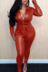 Burgundy Street Solid Bandage Patchwork Zipper Turndown Collar Skinny Jumpsuits