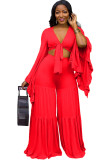 Black adult Sexy Fashion Solid Two Piece Suits ruffle Patchwork Flare sleeve Bandage Loose Long